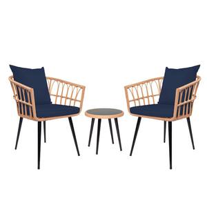 3-Piece Wicker Outdoor Bistro Set with Glass Top Side Table and Dark Blue Cushions for Garden Backyard or Poolside