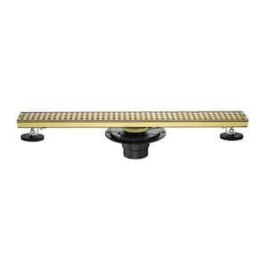 24in Square Shower Floor Drain with Flange, Pattern Grate Removable, Food-Grade SUS 304 Stainless Steel in Brushed Gold