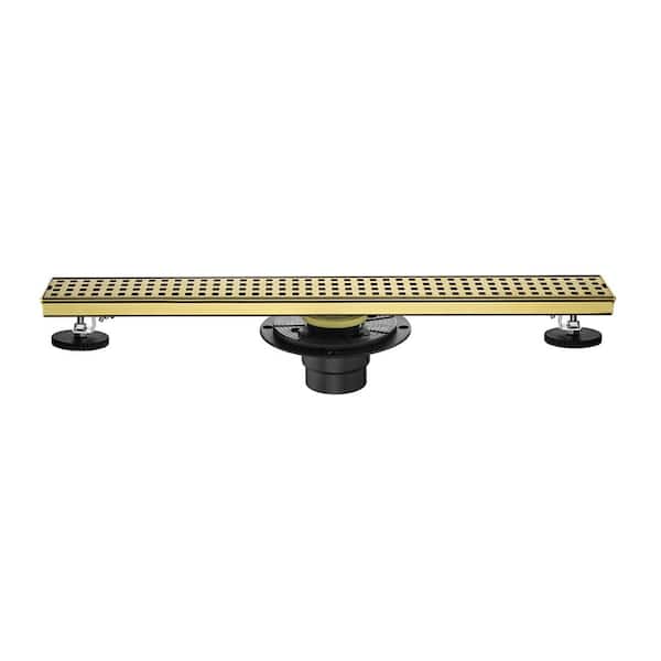 24in Square Shower Floor Drain with Flange, Pattern Grate Removable, Food-Grade SUS 304 Stainless Steel in Brushed Gold