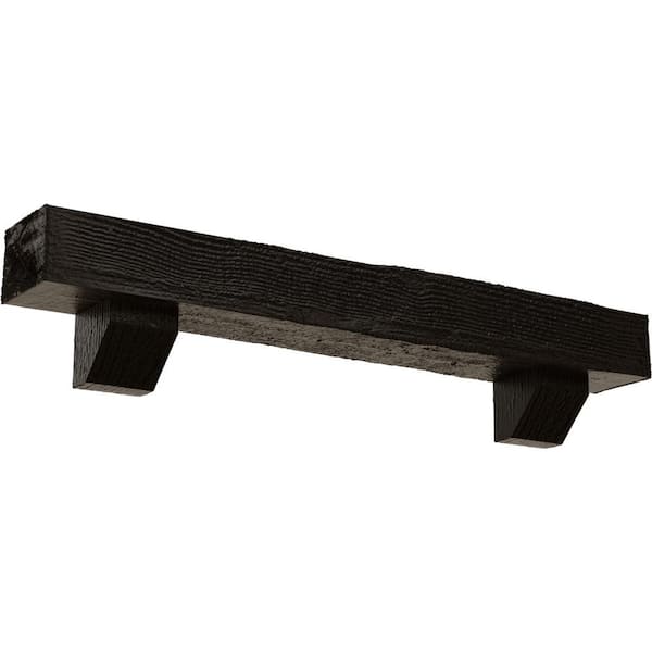 Ekena Millwork 4 in. x 4 in. x 7 ft. Rough Sawn Faux Wood Fireplace Mantel Kit with Ashford Corbels, Premium Walnut