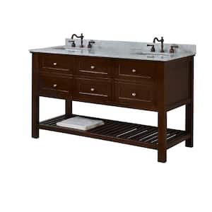 Mission Spa 60 in. Double Vanity in Dark Brown with Marble Vanity Top in Carrara White with White Basin