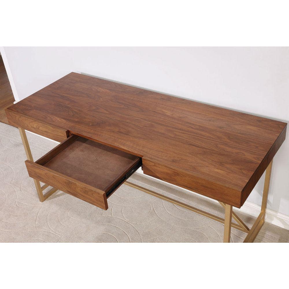 Walnut Brown Wooden Writing Desk with Gold Metal Legs and Drawers