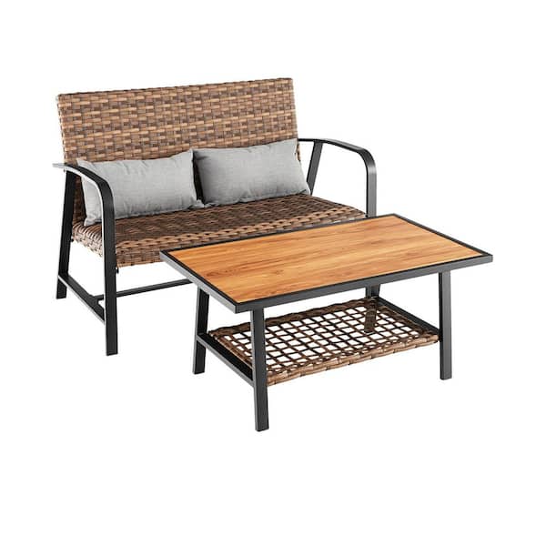 ANGELES HOME 2-Piece Wicker Rattan Patio Conversation Coffee Table Set with Shelf