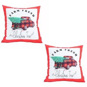 Decorative Christmas Truck Throw Pillow Cover Square 18 in. x 18 in. Red and White and Green for Couch, Bedding Set of 2