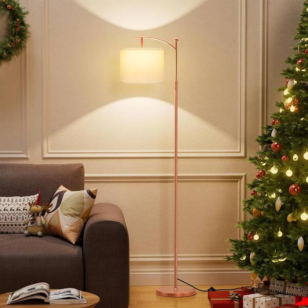 60 in. Rose Gold 1-Light Lantern Floor Lamp with Linen Shade and