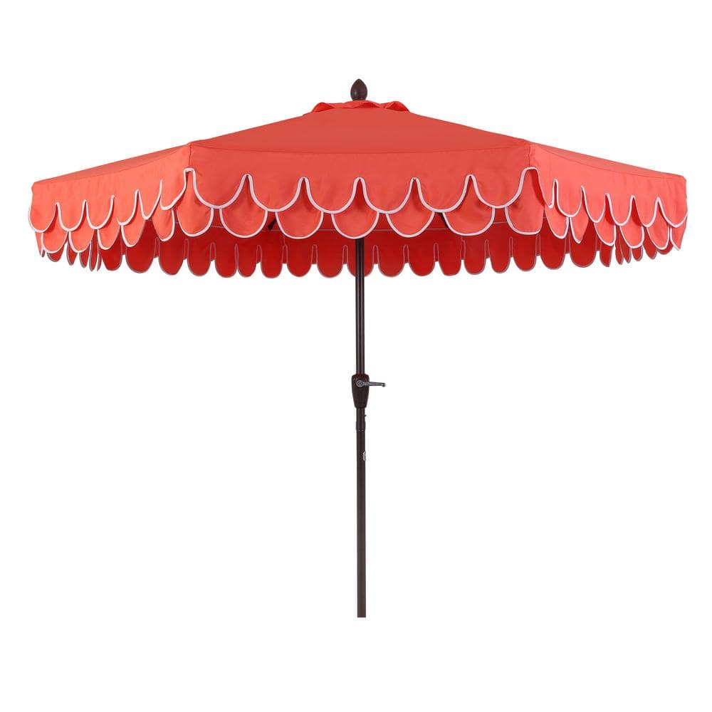Coral Red 9 ft. Scalloped Fringe Patio Umbrella with Auto-Tilt