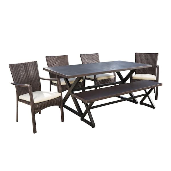 Noble House Tritan 29 in. Brown 6-Piece Metal Rectangular Outdoor Dining Set with Cream Cushions