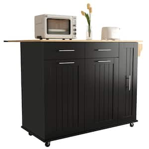 Rolling Black Drop Leaf Rubber Wood Tabletop 46 in. Kitchen Island with 3-Tier Pull-Out Cabinet and Adjustable Shelves