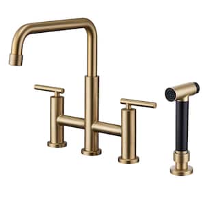Double Handle 360 Degrees Rotation Bridge Kitchen Faucet with Pull-Out Side Sprayer, Ceramic Cartridge in Brushed Gold