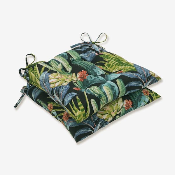 Pillow Perfect Floral 19 x 18.5 Outdoor Dining Chair Cushion in Black/Blue/Green (Set of 2)