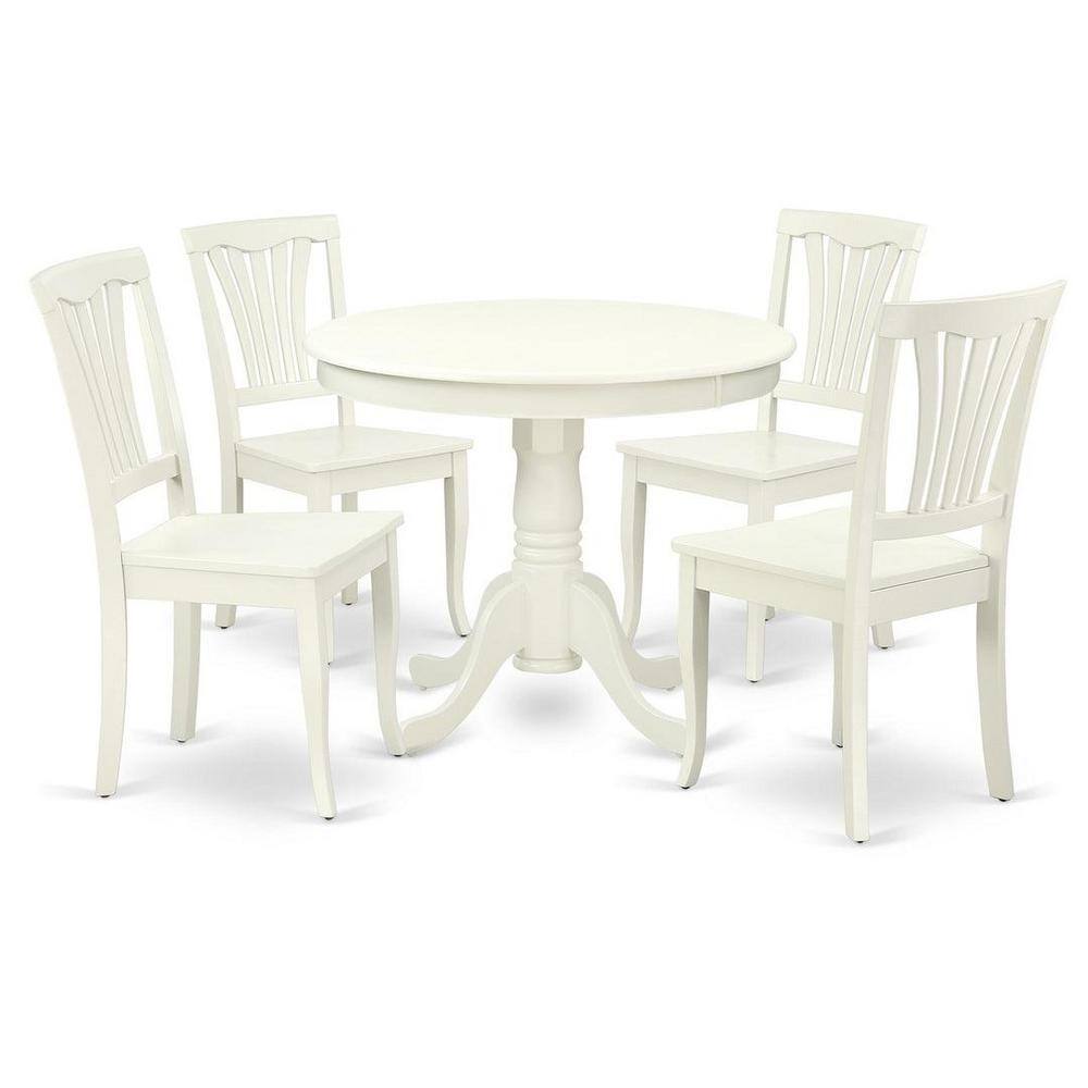 Linen White Round Wood Dining Set with 4 Chairs