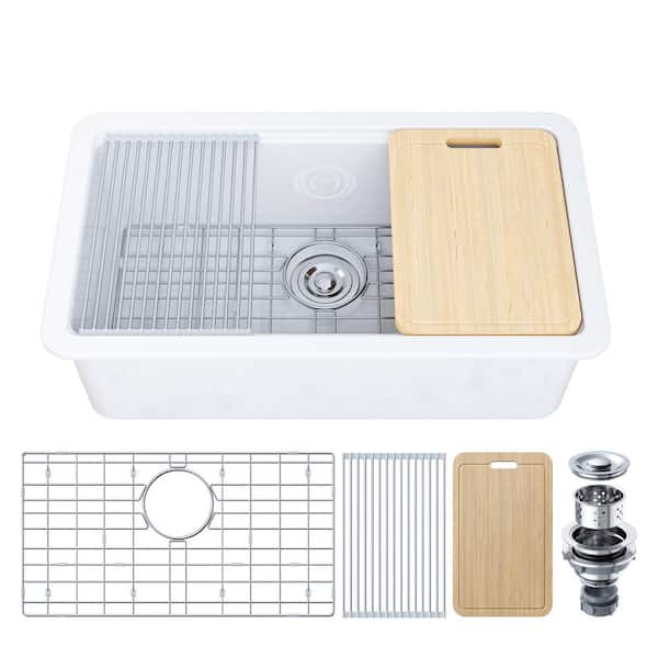33 in. Drop-In Single Bowl Ceramic White Kitchen Sink Standard and Bottom Grid, Drain Assembly, Cutting Board