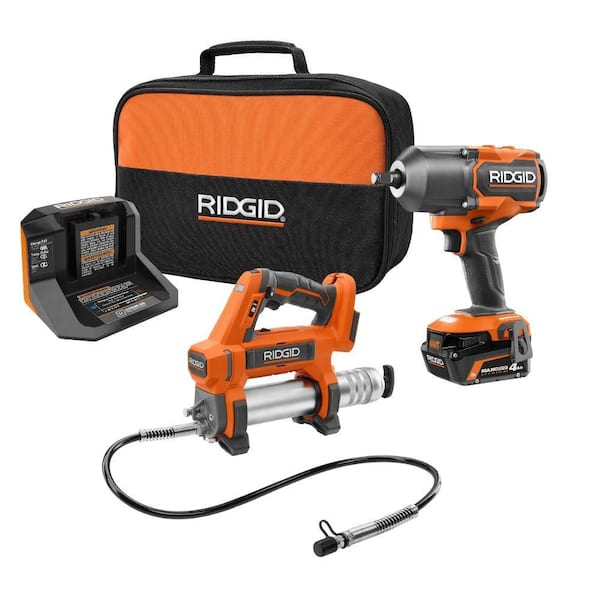 18V Brushless Cordless 2-Tool Combo Kit with High-Torque Impact Wrench, Grease Gun, 4.0 Ah Battery, and Charger