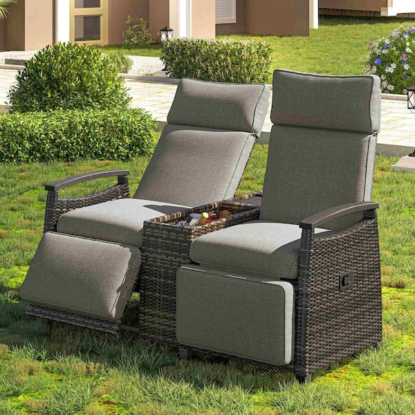Polibi 2-Piece Brown Wicker Outdoor Recliner Set with Gray Cushions and Built-in Storage Table for Balcony, Porch, Lawn