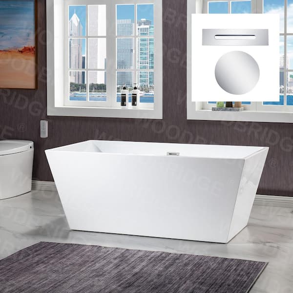 WOODBRIDGE Colombes 59 in. Acrylic Flatbottom Rectangle Bathtub with Polished Chrome Overflow and Drain Included in White