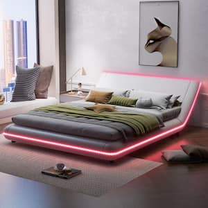 White Wood Frame Full Size PU Leather Upholstered Platform Bed with LED Lights, Sloped Headboard