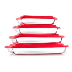 Joyful 4-Piece Rectangle Glass Bakeware Containers Set with 4 Airtight Lids - Red