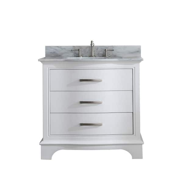Monroe 36 in. W x 22 in. D Bath Vanity in White with Natural Marble Vanity Top in Carrara White with White Sink