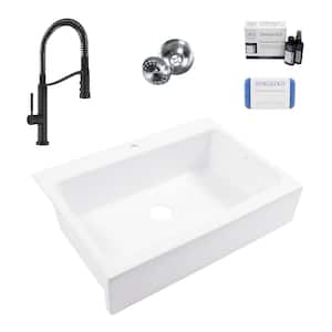 Josephine 34 in. 1-Hole Quick-Fit Farmhouse Drop-In Single Bowl White Fireclay Kitchen Sink with Bruton Black Faucet Kit