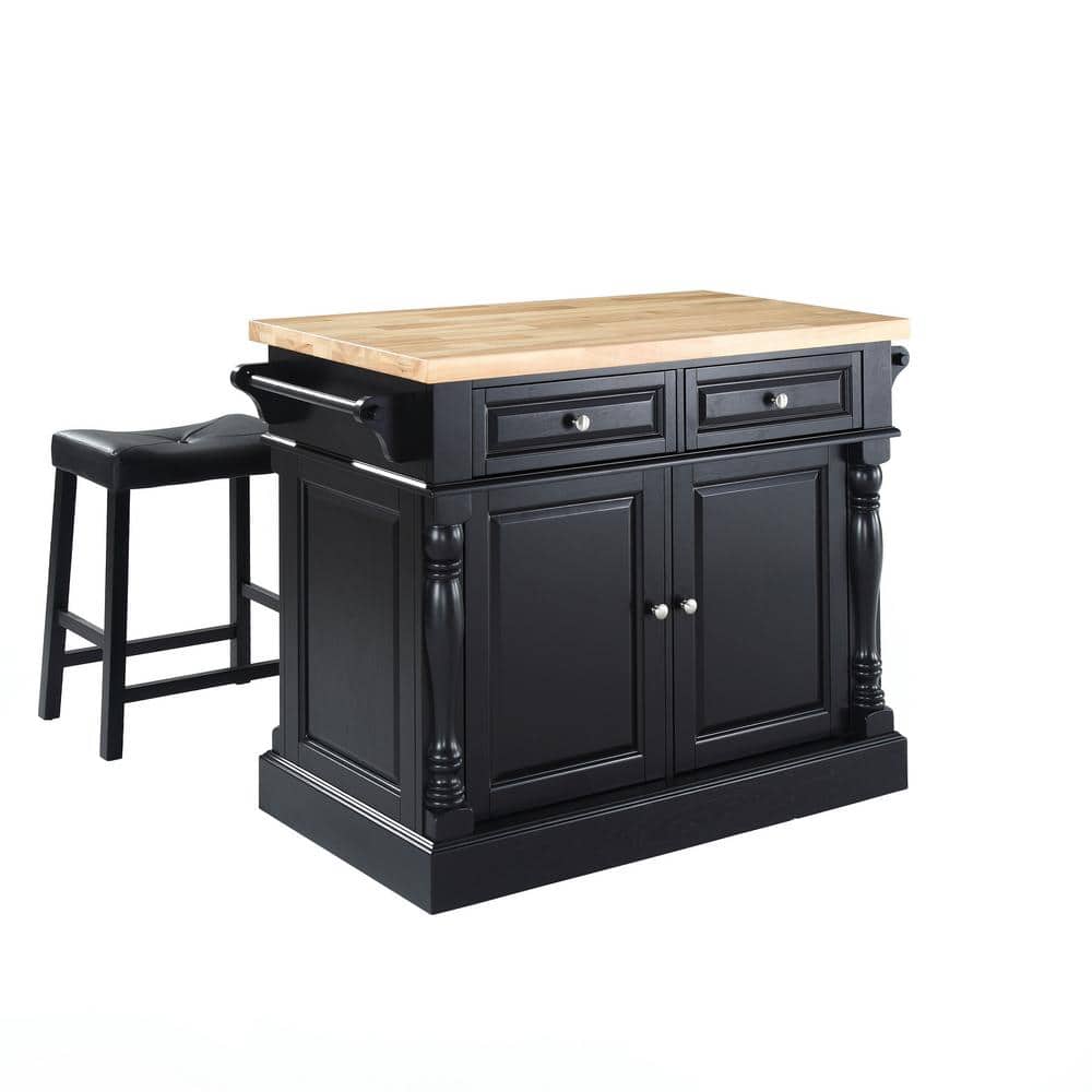 Oxford 30" Black Wood Kitchen Island with Saddle Stools