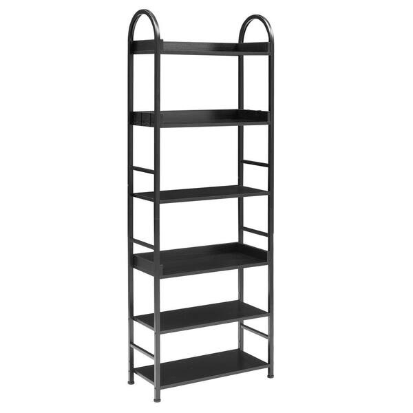 Polibi 70.80 in. Tall Black Steel 6-Shelf Bookcase with Adjustable Foot Pads and Round Top Frame, Tall Bookshelf