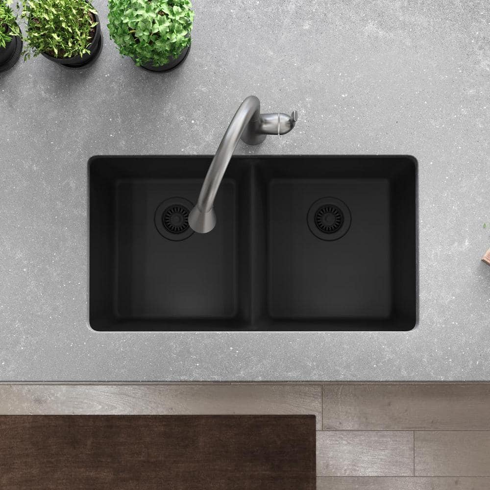 Matte Black Quartz Double Bowl Undermount Kitchen Sink