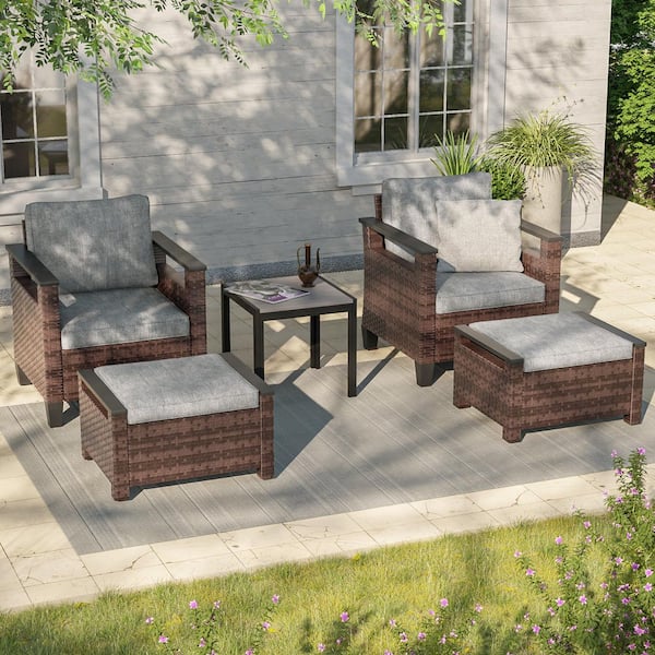 JOYESERY 5-Pieces Patio Conversation Set with Side Table and Ottomans All-Weather Brown PE Wicker Linen Grey Cushion