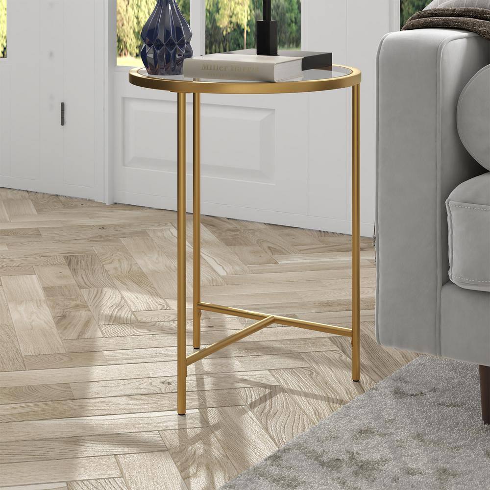 Gold 18" Round Metal and Glass Accent Table