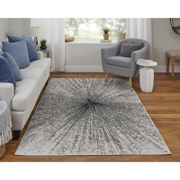2 X 7 Gray, Ivory Abstract Runner Rug