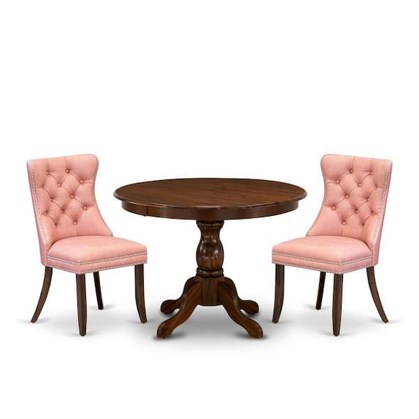 East West Furniture 3-Piece Antique Walnut Finish Solid Wood Top-Round Upholstered Dining Room Set-Seats 4