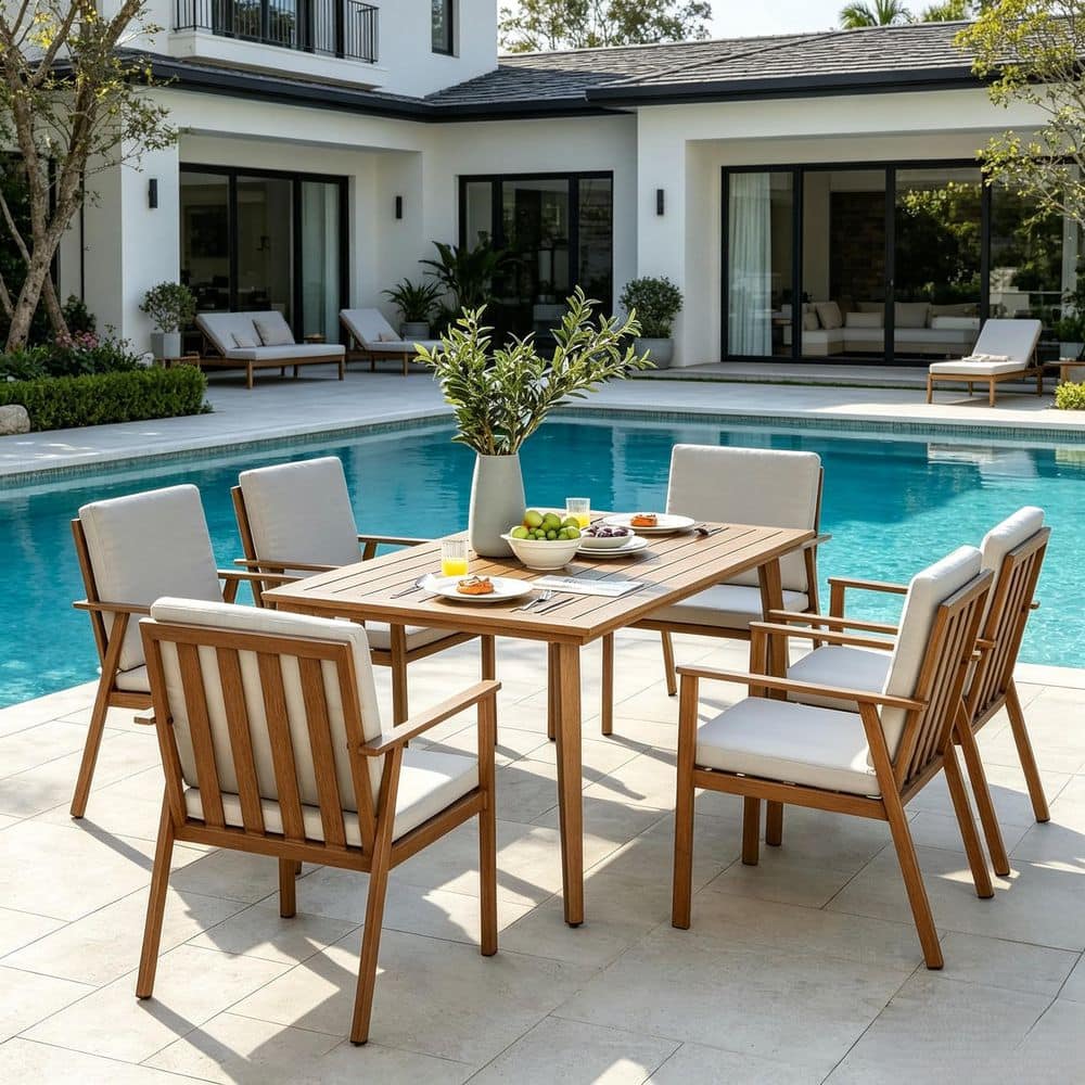 Teak Brown 7-Piece Aluminum Outdoor Dining Set Patio Furniture Set with White Cushions 6 Fixed Chair,Table,Umbrella Hole price history on PriceWatchPro