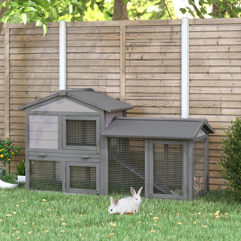 Dark Gray and White Wooden Guinea Pig Hutch with Run