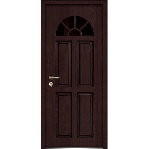 VDOMDOORS 36 in. x 80 in. 4 Panels Right-Hand/Inswing 5 Lites Tinted Glass Brown Finished Steel Prehung Front Door with Handle