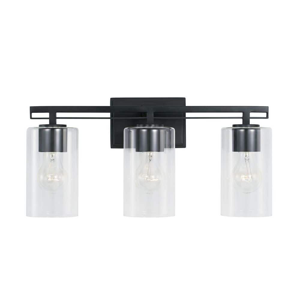 Matte Black Steel and Glass 3-Light Dimmable Vanity Fixture