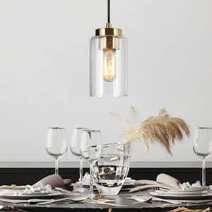 4.7 in. 1-Light Brass Gold Mini Pendant Light, Cylinder Seeded Glass Pendant Hanging Light, Modern Black Light Fixture