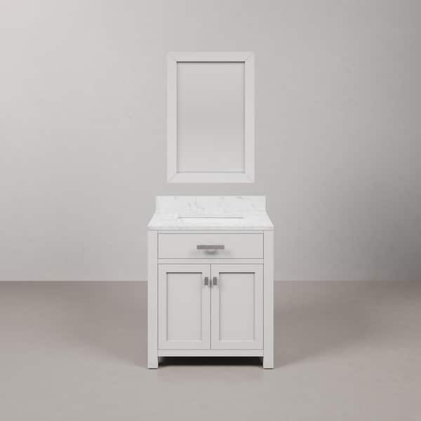 Madison 30 in. W x 21.5 in. D x 34 in. H Single Sink Bath Vanity in Pure White with Carrara White Marble Top and Mirror