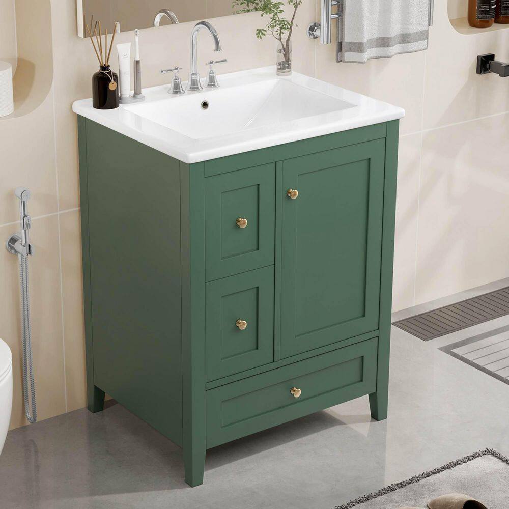 24 in. Freestanding Dark Green Bath Vanity with White ceramic Top, Removable Dividers and Adjustable Shelf price history on PriceWatchPro