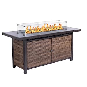57 in. Brown Rectangular Rattan Propane Gas Fire Pit Table 50,000 BTU with Ceramic Tabletop and Water-Resistant Cover