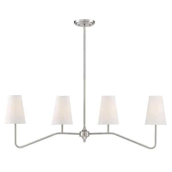 Savoy House 40 in. W x 13 in. H 4-Light Brushed Nickel Linear Chandelier with White Fabric Shades