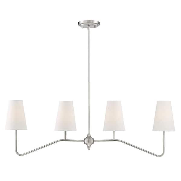 TUXEDO PARK LIGHTING 40 in. W x 13 in. H 4-Light Brushed Nickel Linear Chandelier with White Fabric Shades