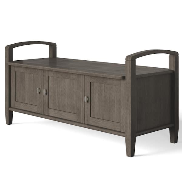 Simpli Home Warm Shaker Solid Wood 44 in. Wide Transitional Entryway Storage Bench in Farmhouse Grey