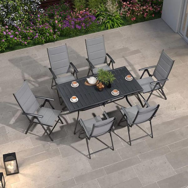 PURPLE LEAF 7-Piece Outdoor Patio Dining Set with Aluminum Frame Grey Folding Chairs and Black Table