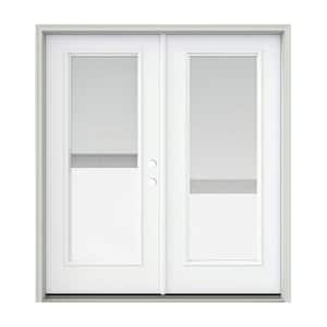 72 in. x 80 in. White Painted Steel Left-Hand Inswing Full Lite Glass Active/Stationary Patio Door w/Blinds