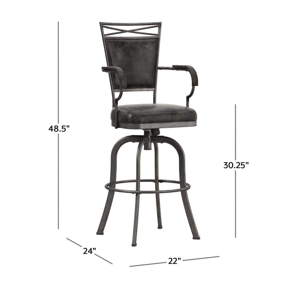 Gray Metal Bar Height Swivel Stool with Faux Leather Upholstery