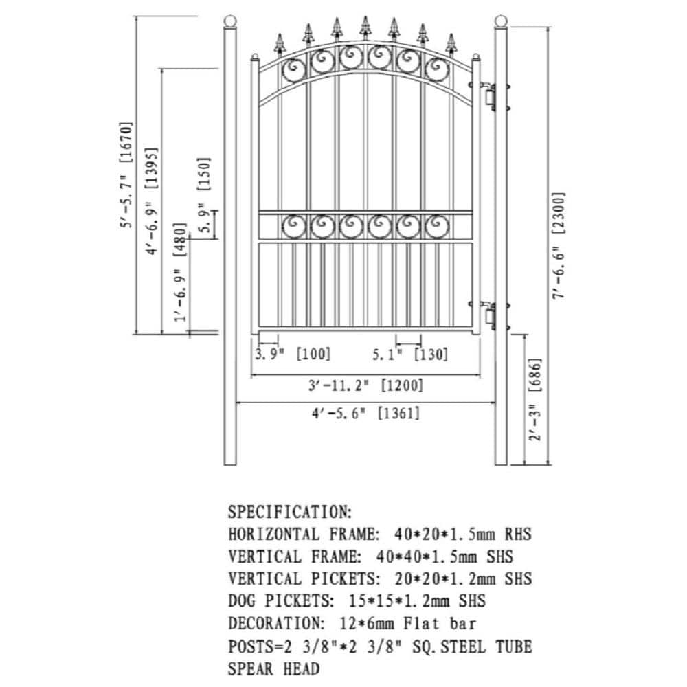 London Style Black Steel Arched Pedestrian Gate with Pointed Pickets