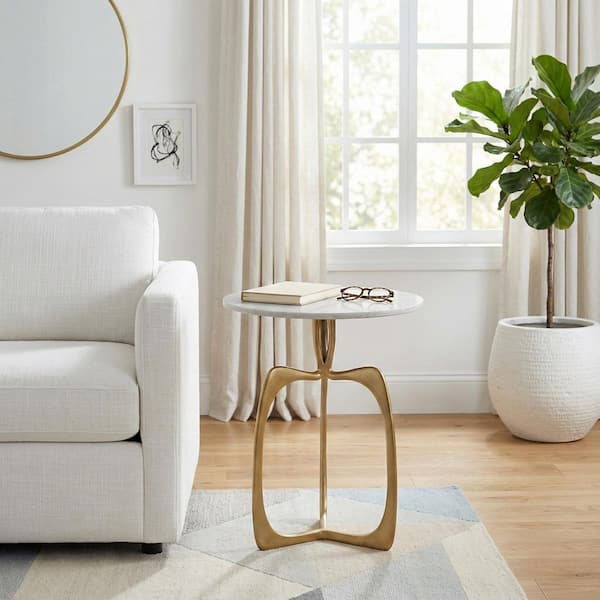 18 in. Gold Round Marble Accent Table