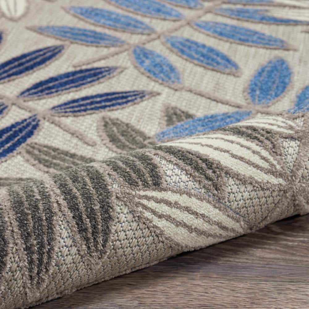Lively Leaf Design 32" Round Blue/Grey Synthetic Area Rug