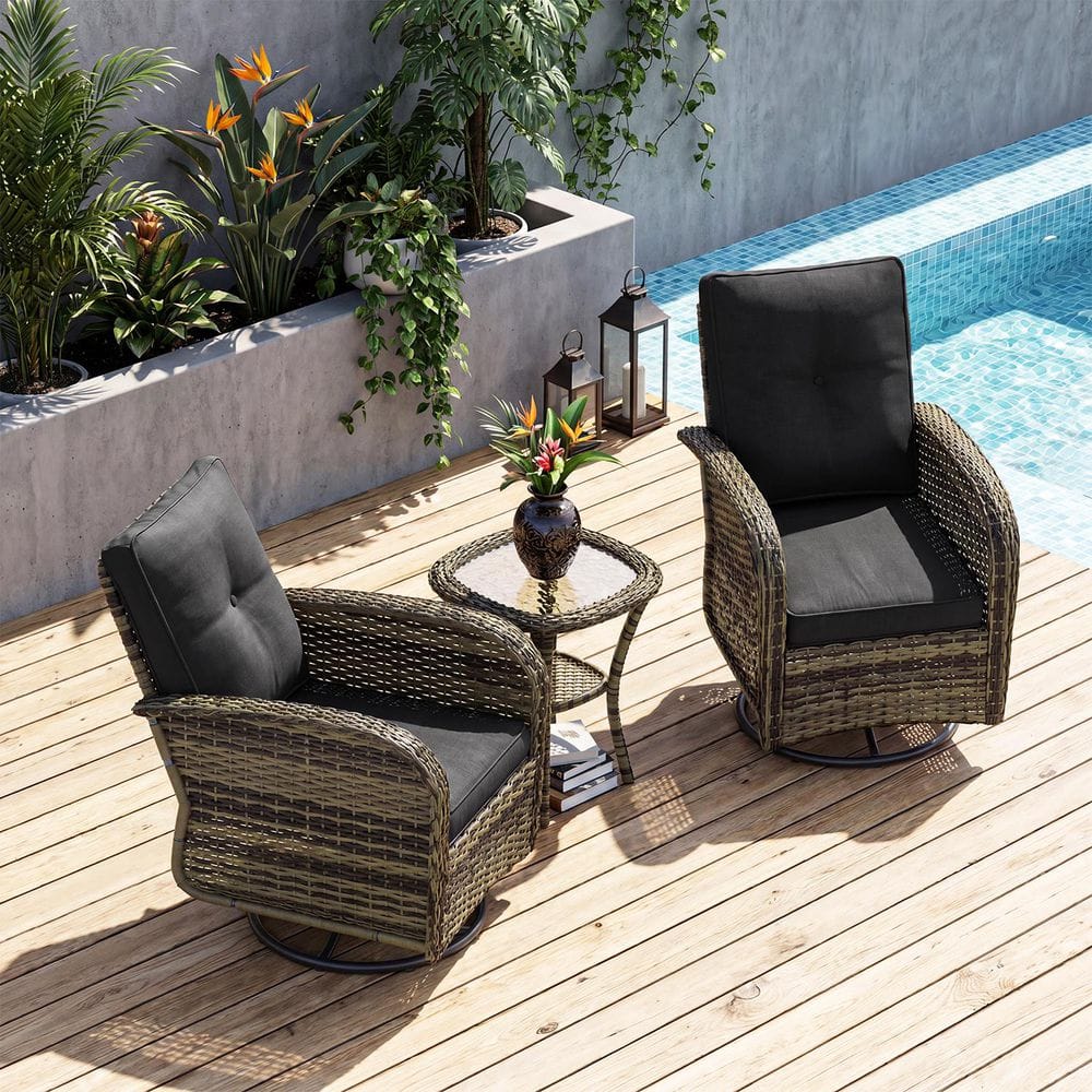 3-Piece Brown Wicker Patio Swivel Outdoor Rocking Chair Set with Black Cushions and Table price history on PriceWatchPro