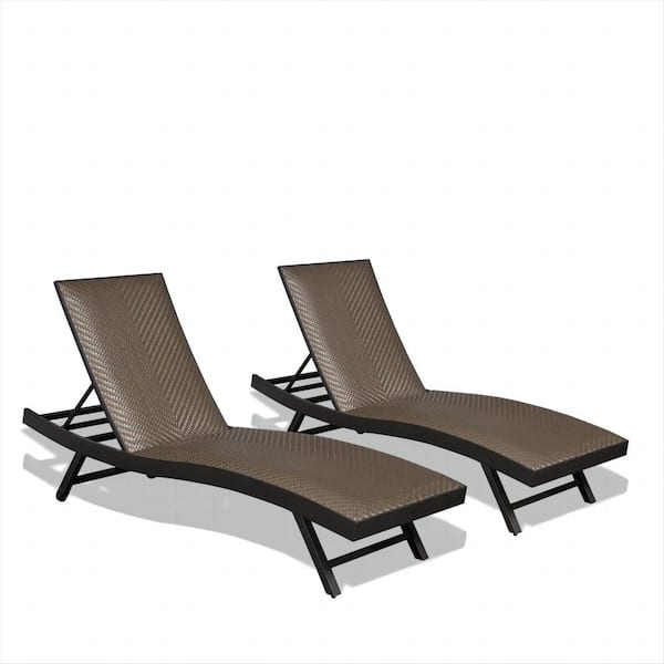 OLUMAT 2-Piece Wicker Outdoor Chaise Lounge with Arm All Weather Pool Chairs in Dark Brown