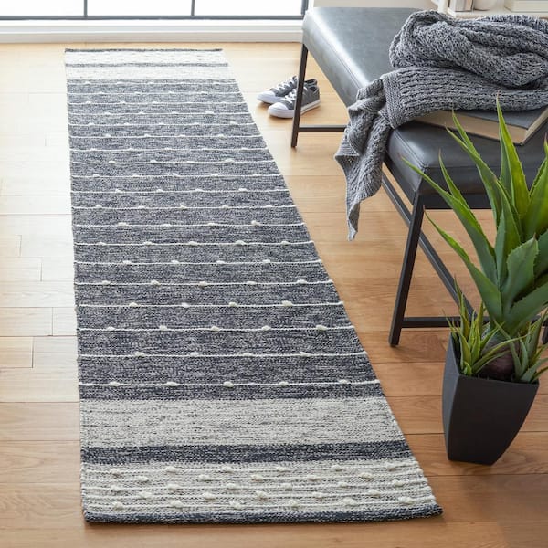 Striped Kilim 2 ft. x 13 ft. Black/Ivory Striped Runner Rug